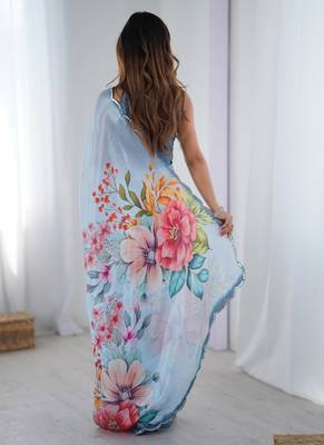 sky blue chinon silk blend print work with mirror work border designer saree 4