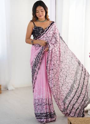 baby pink chinon silk blend print work with mirror work border designer saree 1