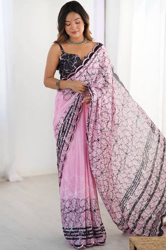 baby pink chinon silk blend print work with mirror work border designer saree