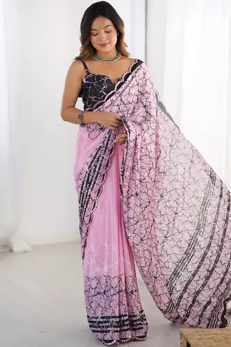 baby pink chinon silk blend print work with mirror work border designer saree