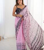 baby pink chinon silk blend print work with mirror work border designer saree