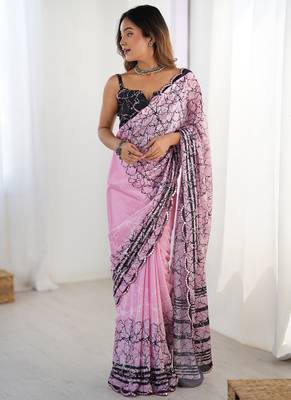 baby pink chinon silk blend print work with mirror work border designer saree 2