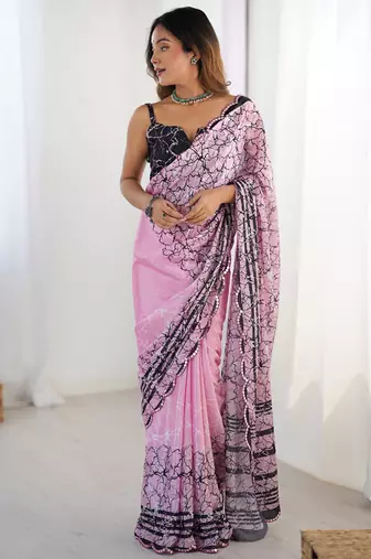 baby pink chinon silk blend print work with mirror work border designer saree