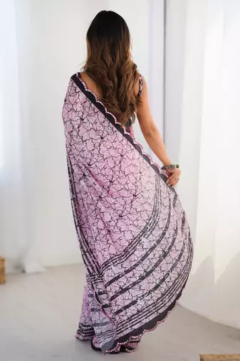 baby pink chinon silk blend print work with mirror work border designer saree