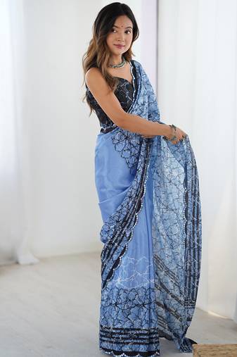 blue chinon silk blend print work with mirror work border designer saree