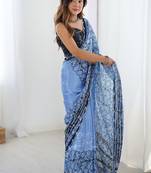 blue chinon silk blend print work with mirror work border designer saree