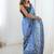 blue chinon silk blend print work with mirror work border designer saree