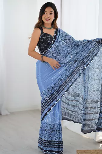 blue chinon silk blend print work with mirror work border designer saree
