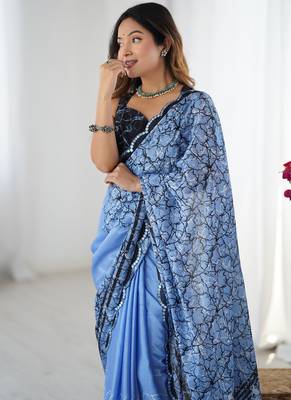blue chinon silk blend print work with mirror work border designer saree 3