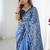 blue chinon silk blend print work with mirror work border designer saree