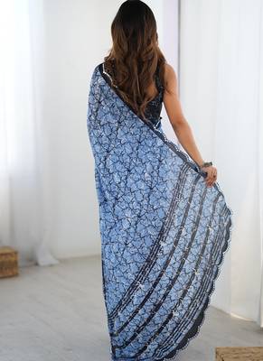 blue chinon silk blend print work with mirror work border designer saree 4