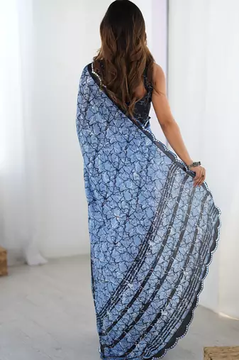 blue chinon silk blend print work with mirror work border designer saree