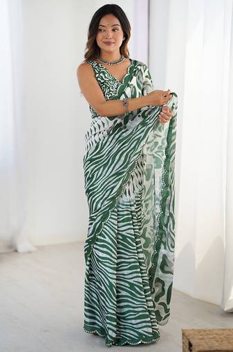 multi color chinon silk blend print work with mirror work border designer saree