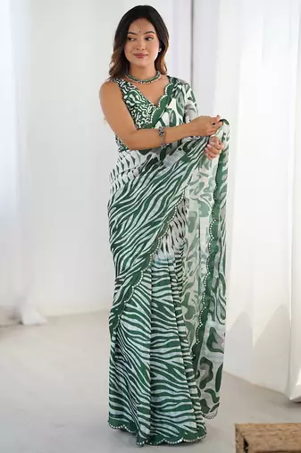 multi color chinon silk blend print work with mirror work border designer saree