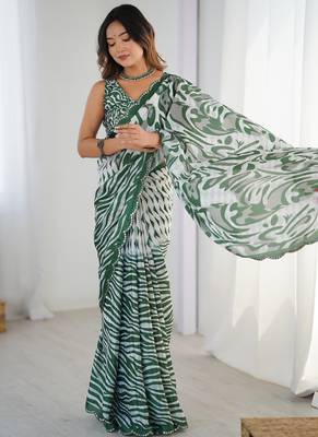 multi color chinon silk blend print work with mirror work border designer saree 2