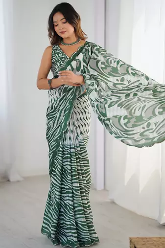 multi color chinon silk blend print work with mirror work border designer saree