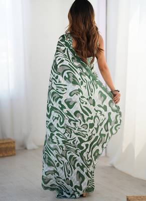 multi color chinon silk blend print work with mirror work border designer saree 4