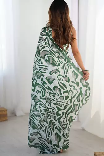 multi color chinon silk blend print work with mirror work border designer saree