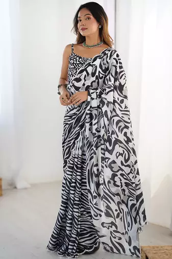 multi color chinon silk blend print work with mirror work border designer saree