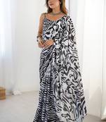 multi color chinon silk blend print work with mirror work border designer saree