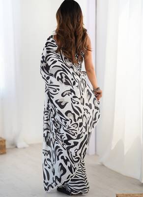 multi color chinon silk blend print work with mirror work border designer saree 4