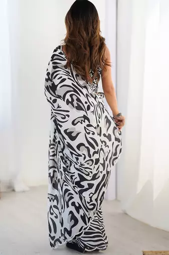 multi color chinon silk blend print work with mirror work border designer saree