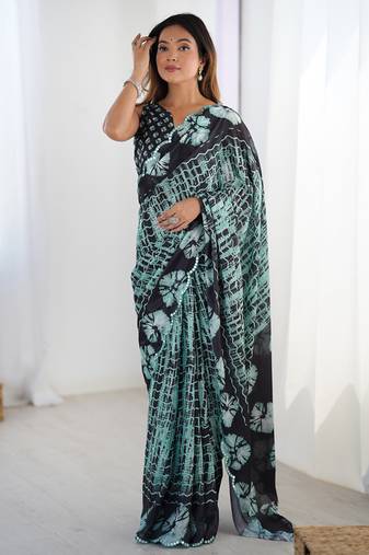multi color chinon silk blend print work with mirror work border designer saree
