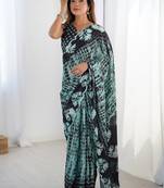 multi color chinon silk blend print work with mirror work border designer saree
