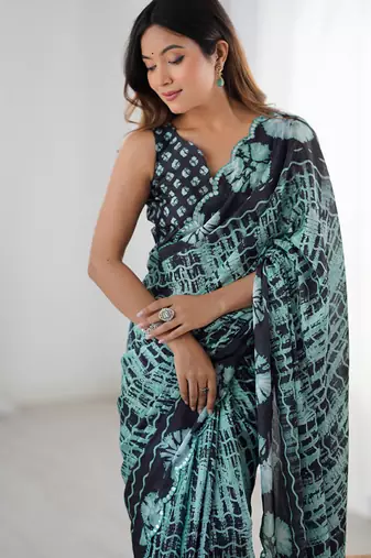 multi color chinon silk blend print work with mirror work border designer saree
