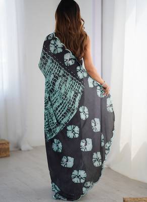 multi color chinon silk blend print work with mirror work border designer saree 4