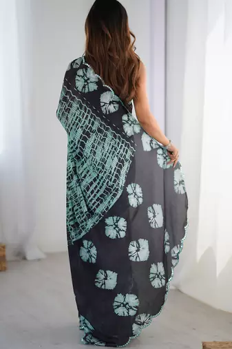 multi color chinon silk blend print work with mirror work border designer saree