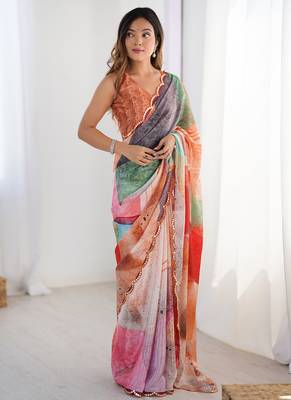 multi color chinon silk blend print work with mirror work border designer saree 1