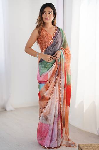 multi color chinon silk blend print work with mirror work border designer saree