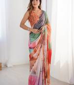 multi color chinon silk blend print work with mirror work border designer saree
