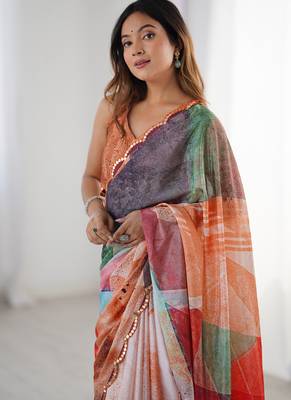 multi color chinon silk blend print work with mirror work border designer saree 2