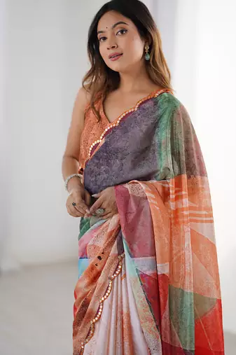 multi color chinon silk blend print work with mirror work border designer saree
