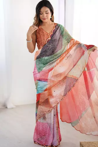 multi color chinon silk blend print work with mirror work border designer saree