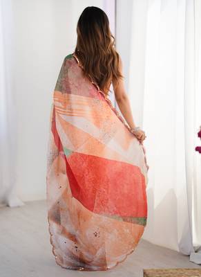 multi color chinon silk blend print work with mirror work border designer saree 4