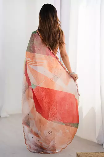 multi color chinon silk blend print work with mirror work border designer saree