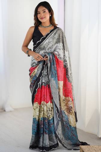 multi color chinon silk blend print work with mirror work border designer saree