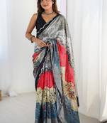 multi color chinon silk blend print work with mirror work border designer saree