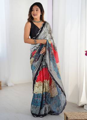 multi color chinon silk blend print work with mirror work border designer saree 2