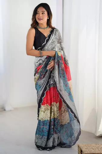 multi color chinon silk blend print work with mirror work border designer saree