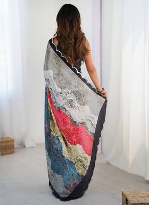 multi color chinon silk blend print work with mirror work border designer saree 4