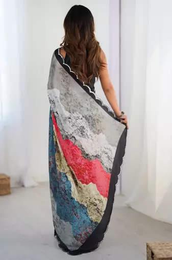 multi color chinon silk blend print work with mirror work border designer saree