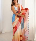 multi color chinon silk blend print work with mirror work border designer saree