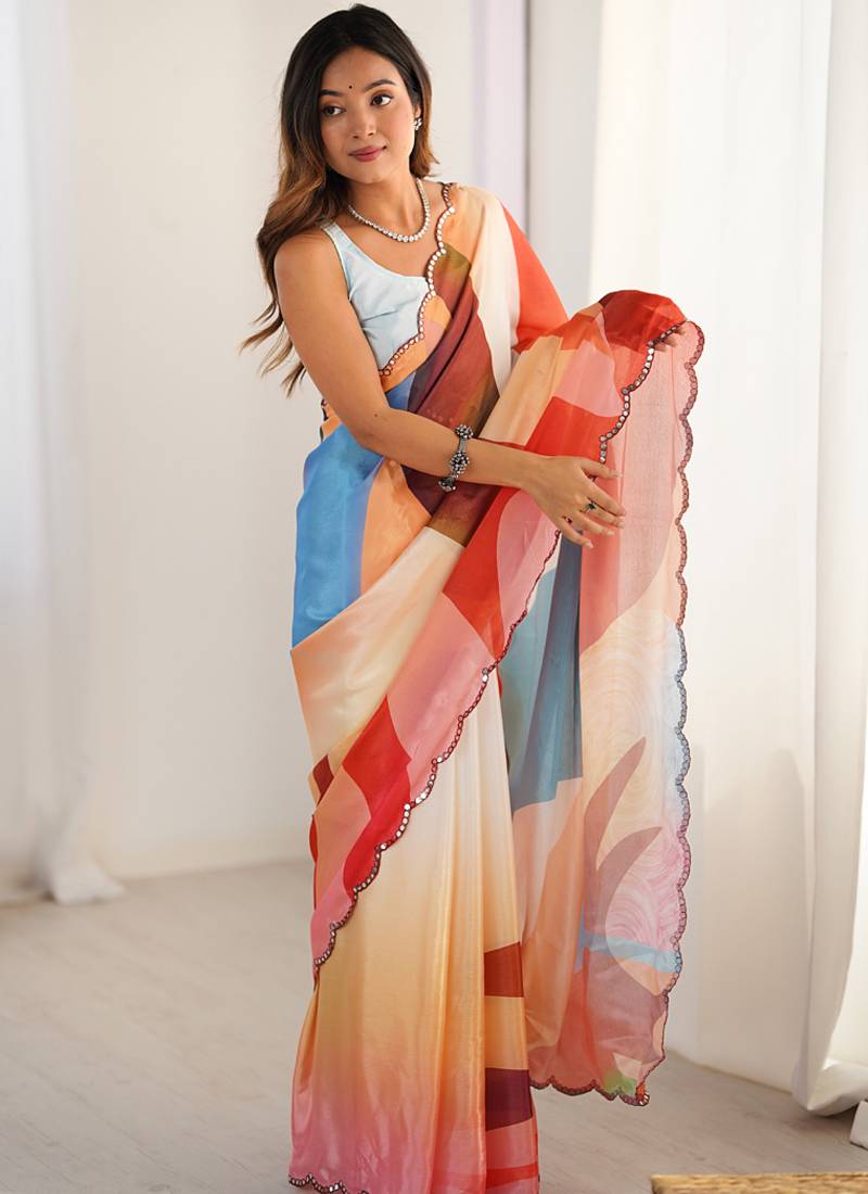 multi color chinon silk blend print work with mirror work border designer saree