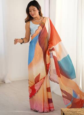 multi color chinon silk blend print work with mirror work border designer saree 2