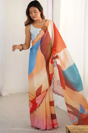 multi color chinon silk blend print work with mirror work border designer saree