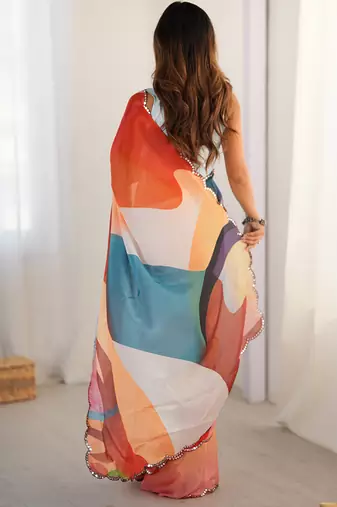 multi color chinon silk blend print work with mirror work border designer saree